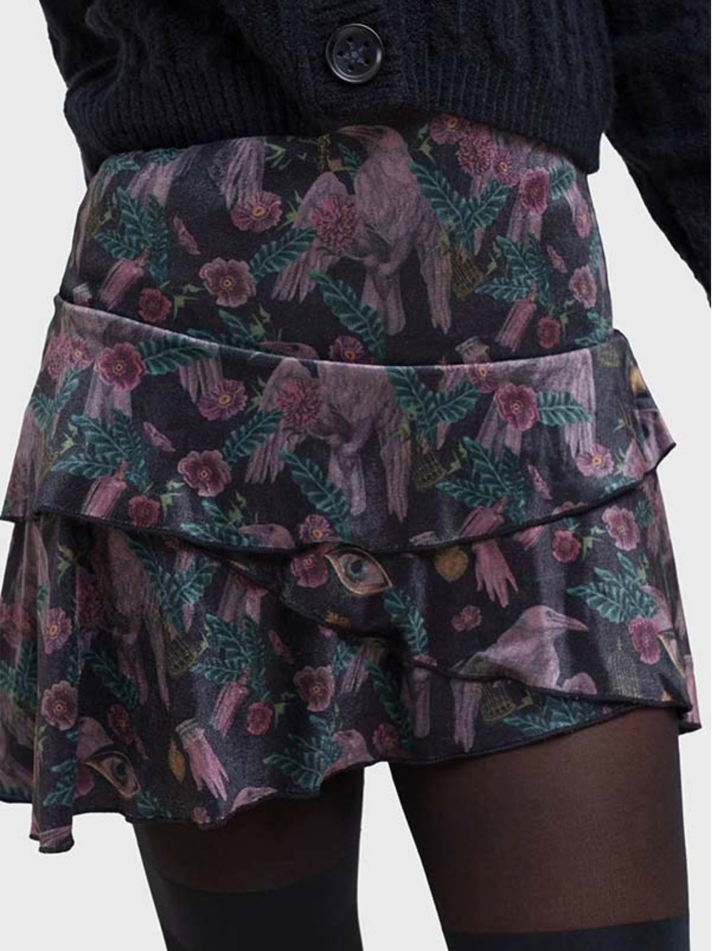 Killstar Tiered Mini Skirt in Black with Pink & Green Motif